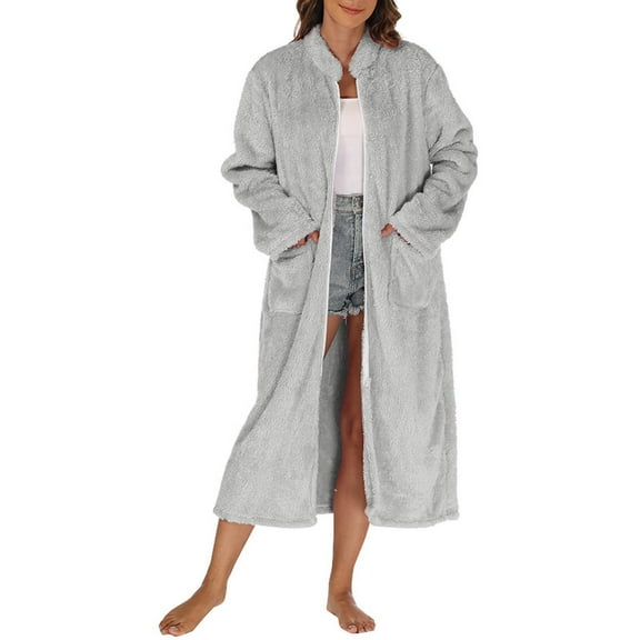 ylioge Zip Up Robes for Women Long Sleeve Fleece Bathrobes with Pockets and Mock Neck Casual Solid Thermal Warm Long Length Sleepwear Bath Robe Pajamas