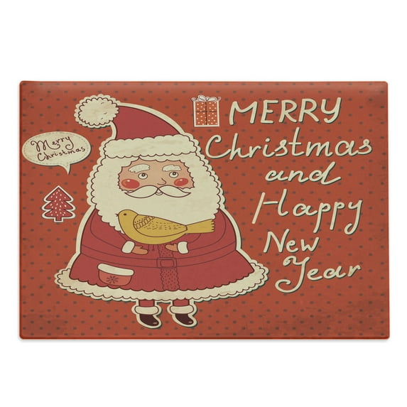 Christmas Cutting Board, Happy New Year Retro Illustration with Santa Claus Holding Yellow Bird, Decorative Tempered Glass Cutting and Serving Board, Large Size, Ivory Orange, by Ambesonne