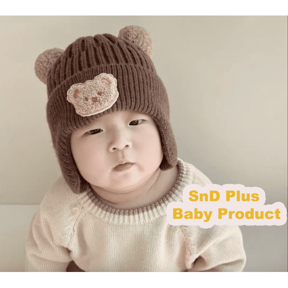 SnD Plus Toddler Winter Warm Bear Beanie Hat – Soft Cotton & Wool Knit Baby Hat with Pompom and Ear Protection, Unisex for 0–36 Months Dark Brown