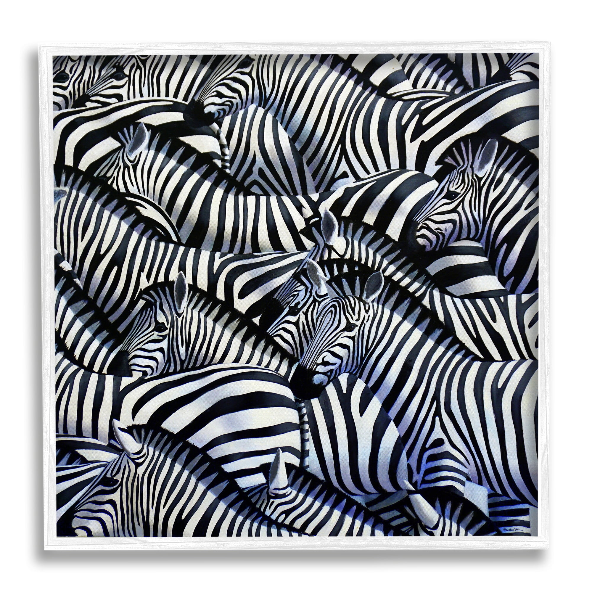 Stupell Industries Crowded Zebra Herd Black Stripes Animals Painting Graphic Art White Framed Art Print Wall Art, Design by Alan Weston