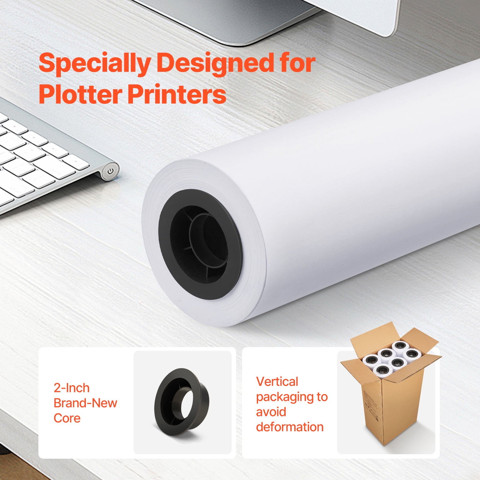 KFFKFF Broad Scope Paper, 24 inches x 150 feet Drafting Paper, 6 Pack CAD Bond Rolls with 2-inch Core, 20 LB Bond Paper Rolls, Suitable for CAD Sketches, Engineering Blueprints, GIS Cartography