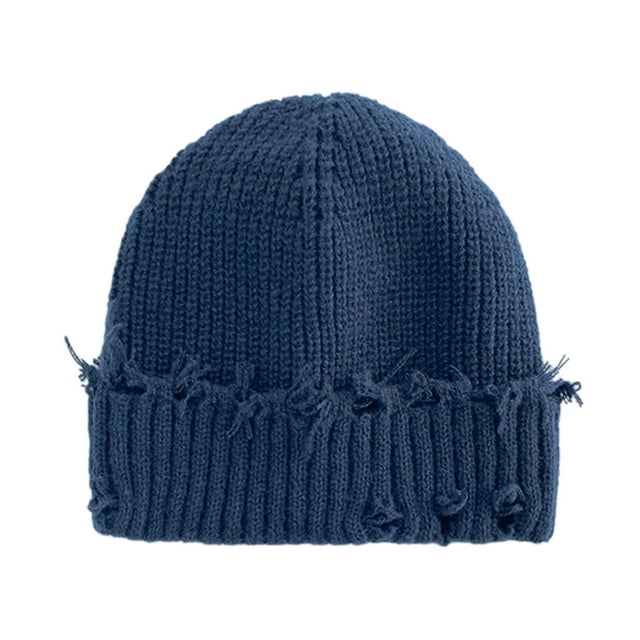 Navy Womens Winter Fashion Ripped Knitted Large Head Circumference Solid Color Pile Hat Knitted Hat Unisex Outdoor Casual Polyester Material Hat Circumference 22.05-22.83 Inches Navy