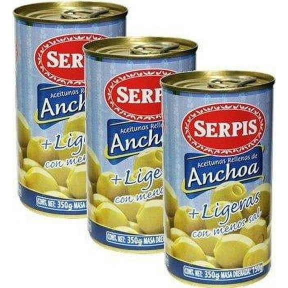 Serpis - Green Olives Low in salt Stuffed with Anchovies. 12.34 oz Pack of 3