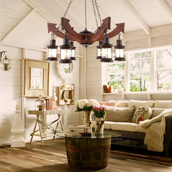 More Change Industrial Vintage Farmhouse Wooden Hanging Pendant Island Light Retro Loft Lantern Chandelier 6 Lights