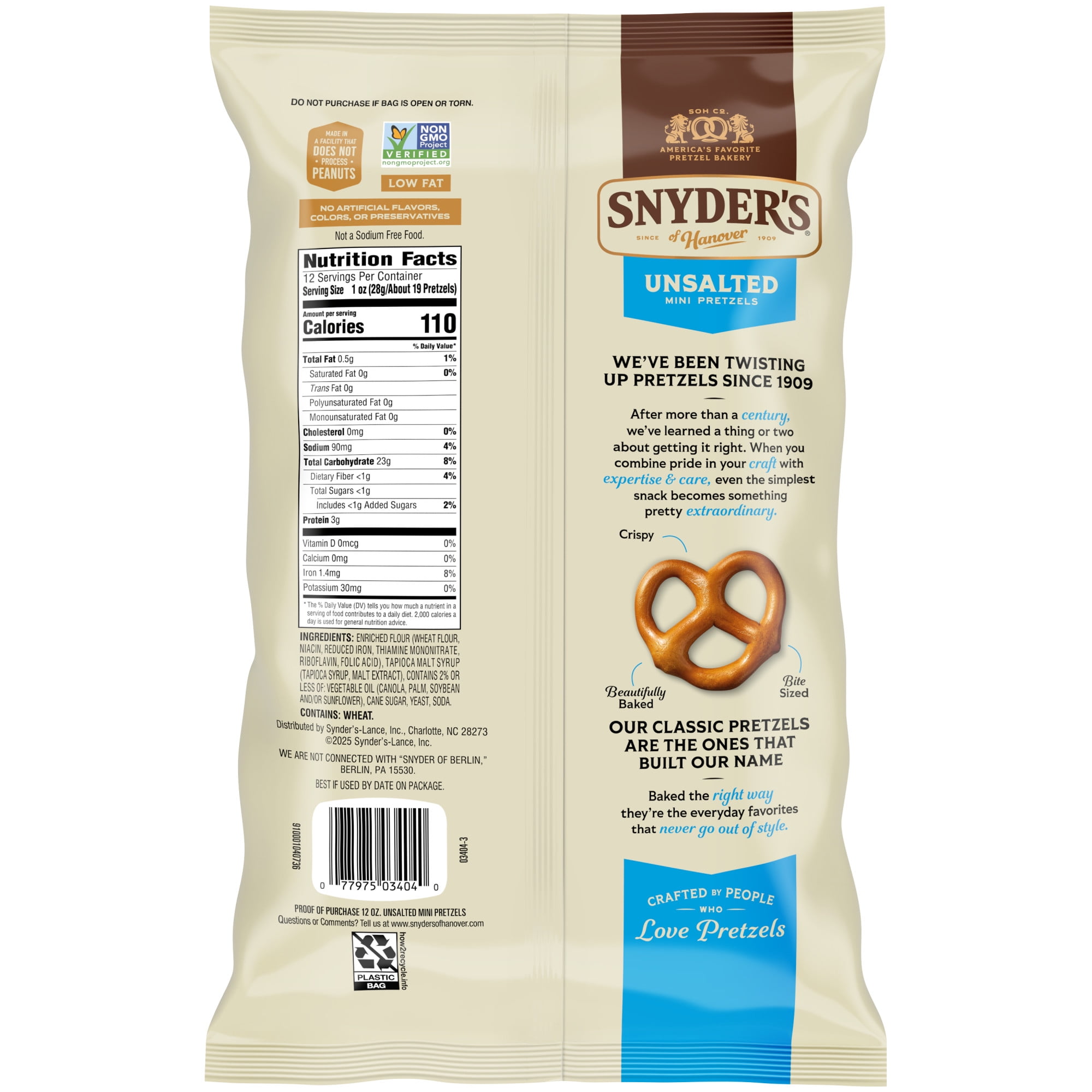 Snyder's of Hanover Unsalted Mini Pretzels, 12 oz Bag
