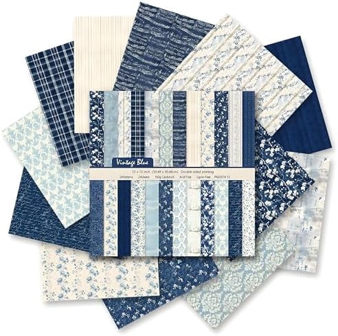 Navy Blue Vintage Floral Scrapbook Paper – 24 Sheets Double-Sided Botanical Designs with Antique Flower Textures, Acid-Free 160g Cardstock for DIY Crafts, Card Making, Scrapbook, Photo Albums