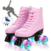EONROACOO Pink Roller Skates, Kids Adult High-Top Roller Skates Double Row Leather Shiny Quad Skates for Teen (Women 6.5/Men 5)