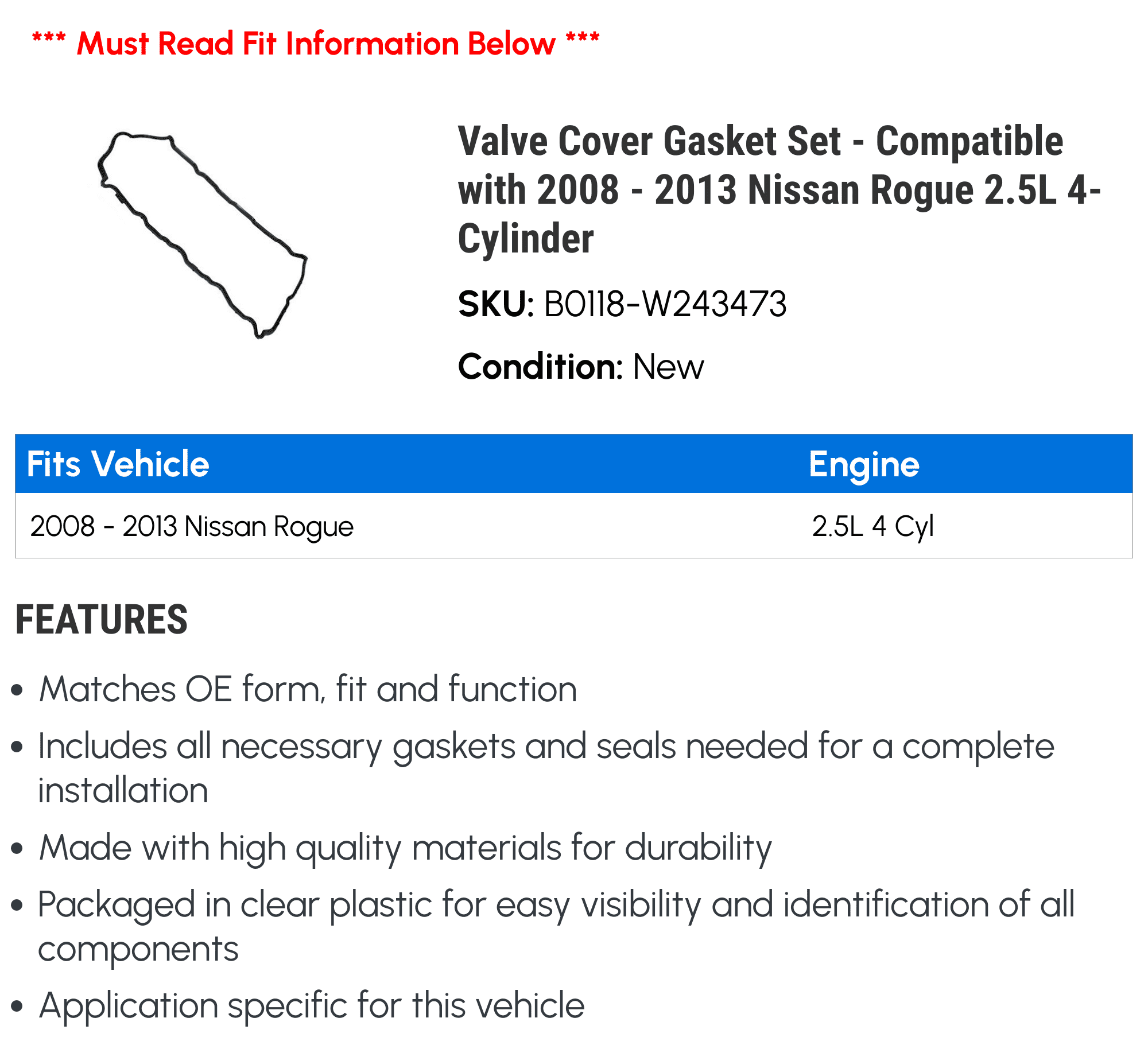 Valve Cover Gasket Set - Compatible with 2008 - 2013 Nissan Rogue 2.5L 4-Cylinder 2009 2010 2011 2012
