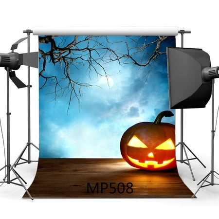 Image of HelloDecor 5x7ft Photography Backdrop Halloween Horror Night Pumpkin Mysterious Moon Vintage Wood Floor Children Adults Costume Party Masquerade Portraits Background Studio Prop