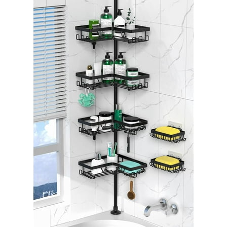Tension Pole Shower Caddy Corner - 4 Tier Floor to Ceiling Bathroom Shower Organizer 25-112.4 inch Adjustable, Multiple Hooks, 2 Extra Soap Holders, Stable Base, Rustproof, Black