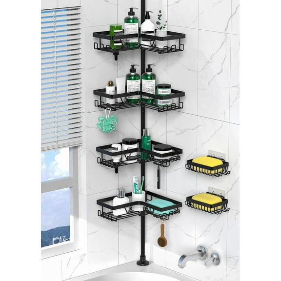 Tension Pole Shower Caddy Corner - 4 Tier Floor to Ceiling Bathroom Shower Organizer 25-112.4 inch Adjustable, Multiple Hooks, 2 Extra Soap Holders, Stable Base, Rustproof, Black