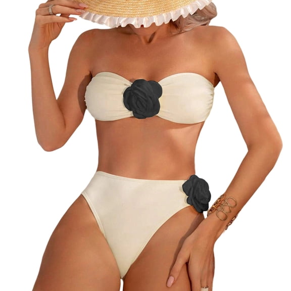 Women's 2 Piece Bikini Sets 3D Floral Appliques Strapless Sleeveless High Cut Bandeau Swimsuits
