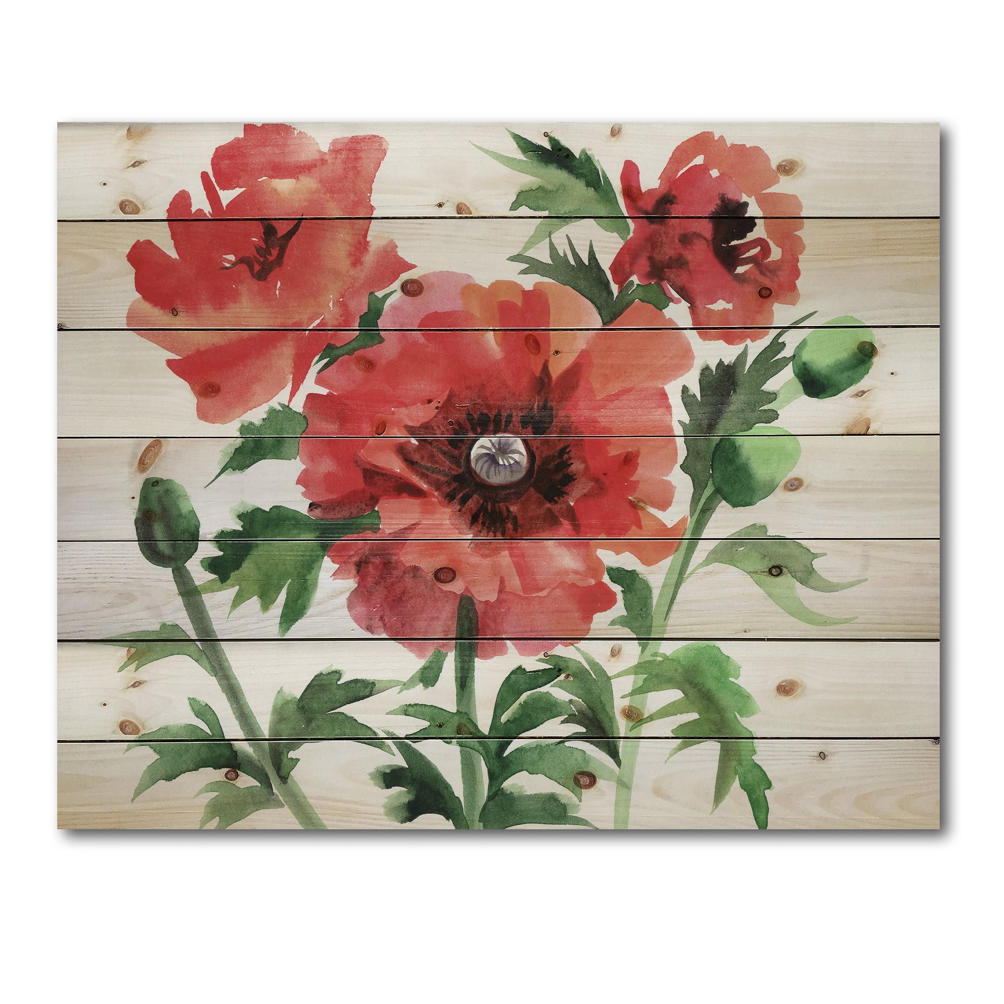 Designart 'Ancient Red Poppies II' Traditional Print on Natural Pine Wood