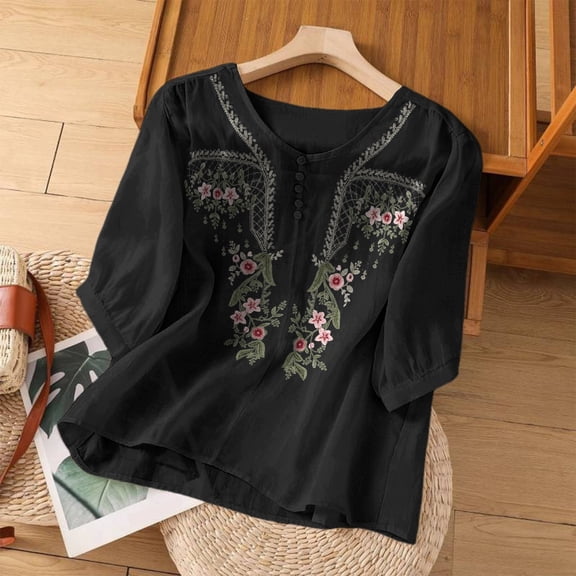 Linen 3/4 Sleeve Button Shirts Summer Boho Peasant Casual Gauze Clothes Embroidered Tops for Women Black L