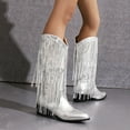 thumbnail image 2 of Xfvqtps Womens Cowboy Boots Knee High Boots Pointed Toe Western Boots with Fringe Tassel Block Heel Fashion Winter Boots for Women Silver, 2 of 5