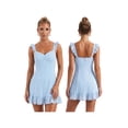 thumbnail image 3 of Vestido corto de verano para mujer, color liso, ribete de encaje, mangas acampanadas, escote en V, corte en A., 3 of 9
