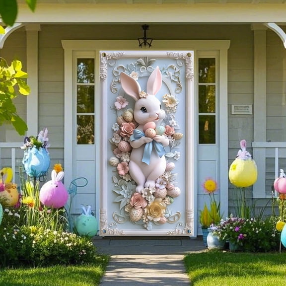 BiFandian Easter Door Banner, Bunny and Egg Garland with Spring Flowers and Bow, Pastel Door Cover for Indoor Outdoor Holiday Decoration, Wall, Party Decor