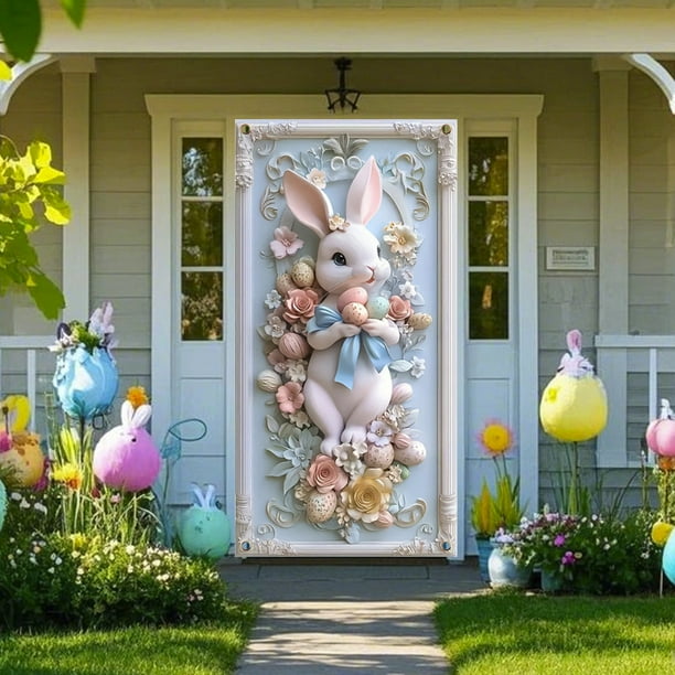 Decoraciones de Pascua, adornos de Pascua, regalos de Pascua, huevos de conejo de Pascua, pancartas para puerta, flores de primavera, lazo azul, diseño pastel para el hogar, decoración navideña para i