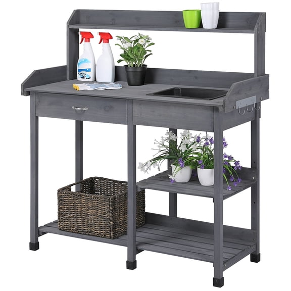 Alden design Wooden Potting Bench with Sink Drawer & 2 Shelves for Garden, Gray