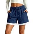 thumbnail image 2 of Cagogo Women Plus Size Elastic Waist Shorts with Pockets Casual Loose Beach Vacation Lounge Trousers Summer Travel Denim Shorts, Navy XL, 2 of 7