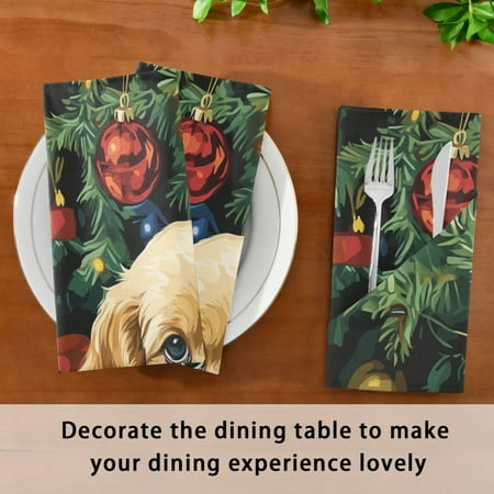 

BZSMCE Satin Native Fab Cotton Dinner Napkin Puppy under Christmas Tree Reusable