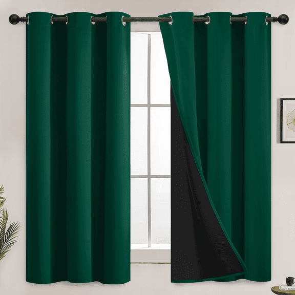 Yakamok 100% Blackout Thermal Insulated Curtains,Room Darkenning Curtains Soundproof Window Treatment Drapes for Living Room(42Wx63L,Dark Green, 2 Panels)