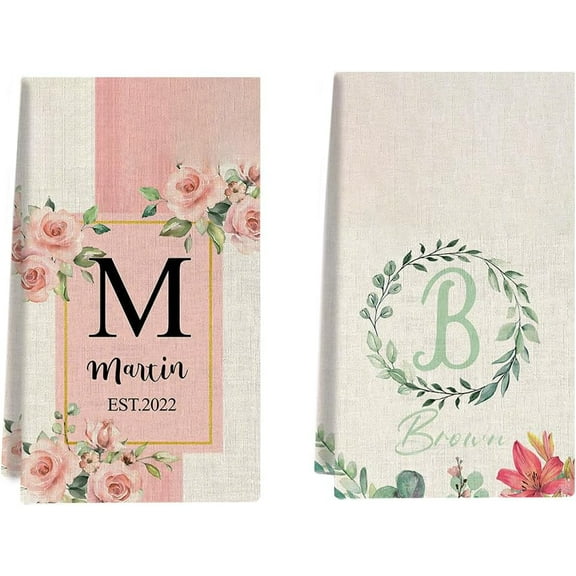 Spring Pink Flowers Personalized Wreath Kitchen Towels | Custom Tea Towel | Family Name Dish Towel | Kitchen Decor | Hand Towel | Housewarming Gift Monogram Dishcloth