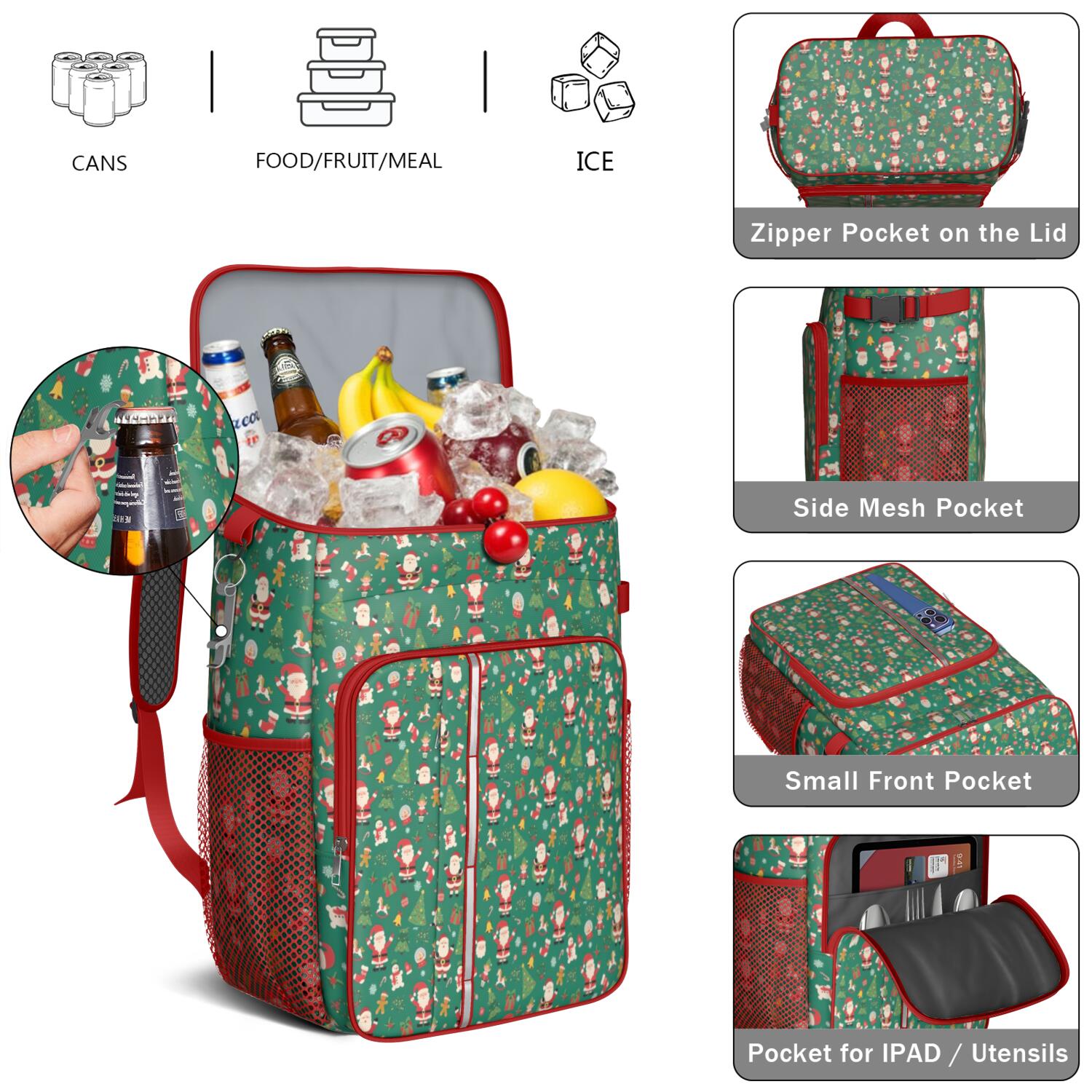 Travel Cooler Bag - Green Christmas Santa and Icon Pattern Camping Beer Cooler Backpack with Bottle Opener- Waterproof Insulated Picnic Backpacks - Cooler Bag for Beach