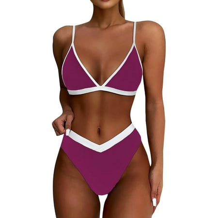 Biziza Padded Two Piece Swimsuit for Women Purple Trendy with Built in Bra 2025 Solid Color Bikini Sets Split Tummy Control Swimsuits