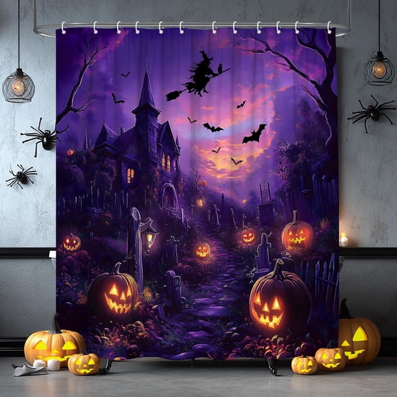Halloween Shower Curtain Horror Witchy Scary Pumpkin Bat Cemetery Spooky Haunted Night Party Fabric Bathroom Curtain Set with Hooks(70" WX70 H)