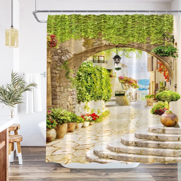Rideau de Douche Style Campagnard Paysage Naturel Italien Fleur de Glycine Feuille Verte Arche Paysage de Ville Méditerranéenne Ensemble de Salle de Bain en Polyester avec Crochets 70Wx70H Pouces
