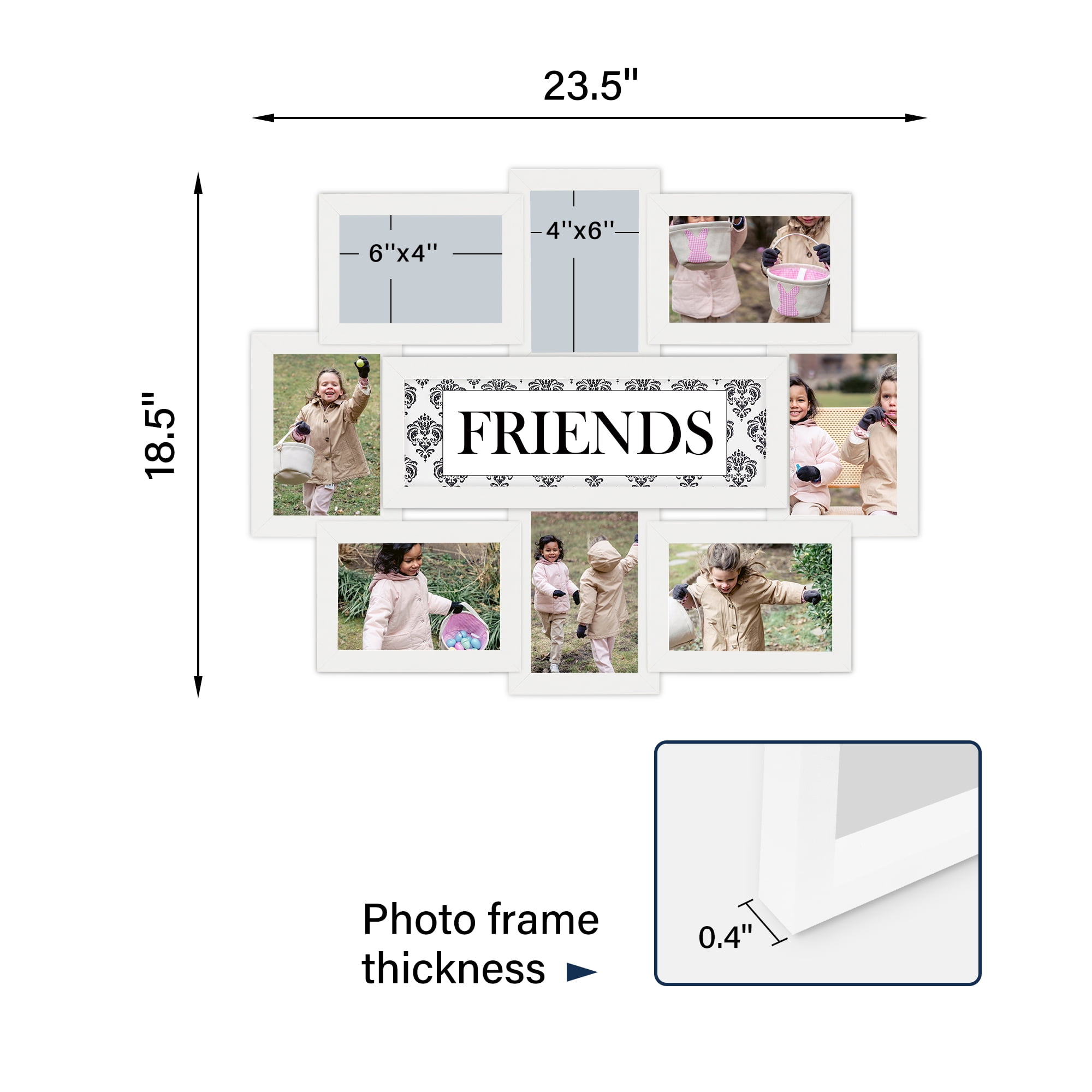 Classic Reunion 8-Opening 17" x 22" Wall Hanging Photo Frame Friends Theme 6" x 4" White Edge