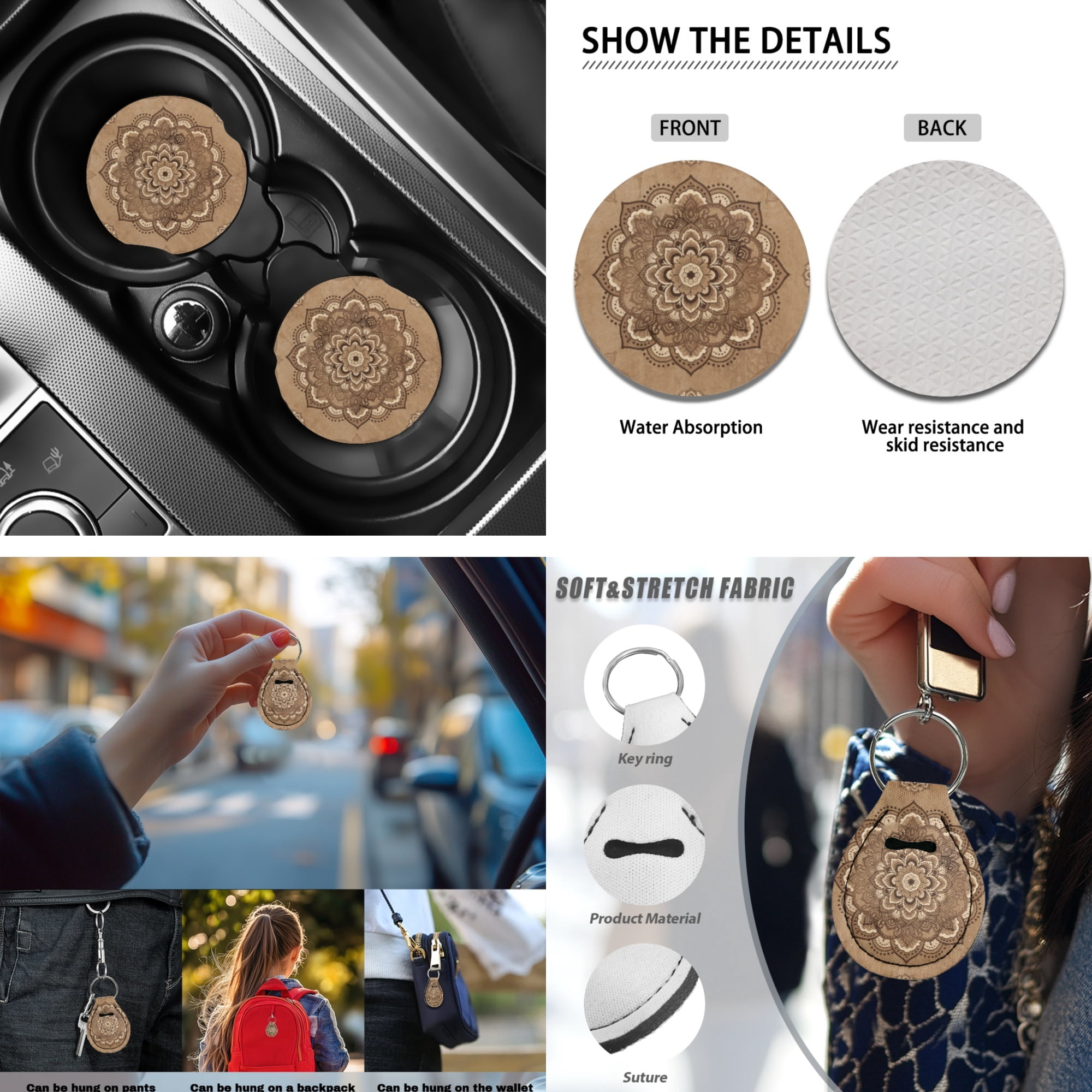Jeiento 13 PCS Car Seat Cover Full Set, with Steering Wheel Cover Seat Belt Strap Cover Armrest Cushion Cup Coaster Keychain Lipstick Holder Auto Decor, Vintage Boho Mandala Print
