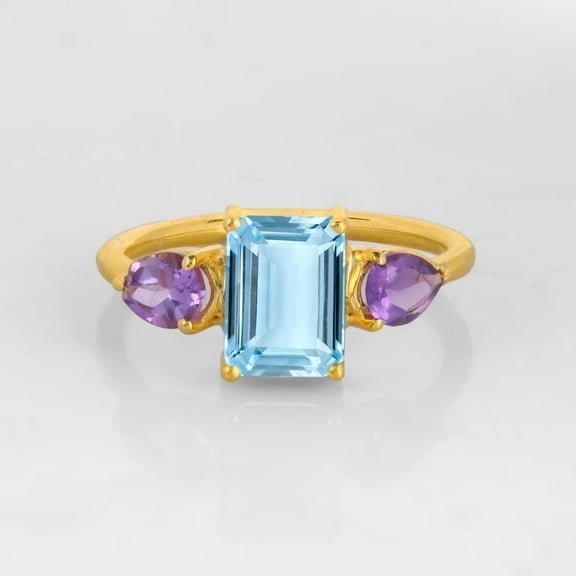 Aquamarine Octagon Cut Gemstone Ring, Pear Amethyst Vintage Ring, Prong Set Dainty Stacking Band Ring, Three Gemstone Ring, Minimalist Fine Jewelry,