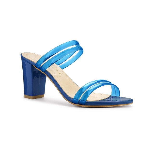 BLISSFUL STEP Women's Strappy Block Heel Slides Mules Sandals Blue 8.5