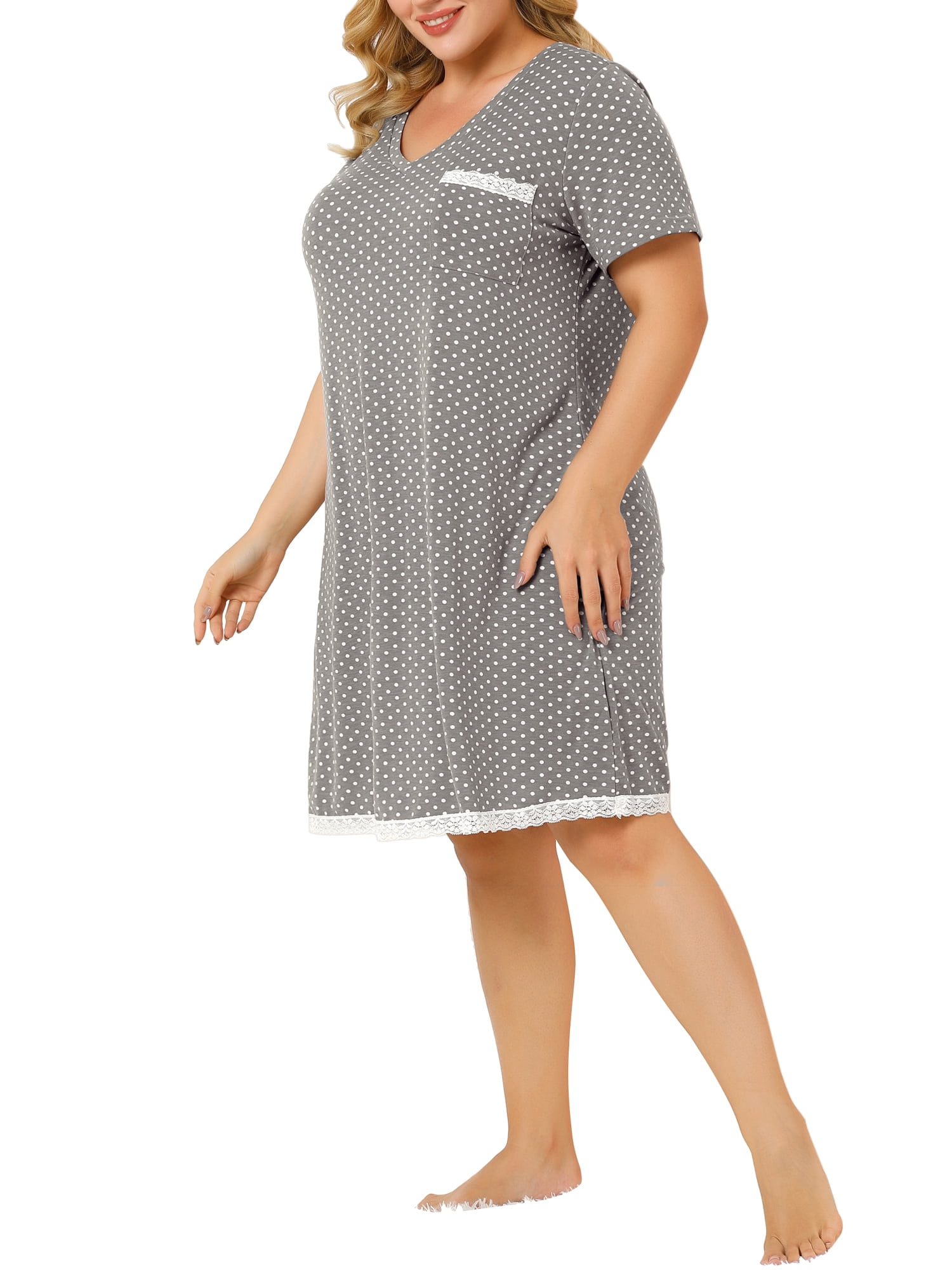 DARING DIVA Women's Plus Size Soft Short Sleeve Lace Trim Pajama Dress 1X Gray