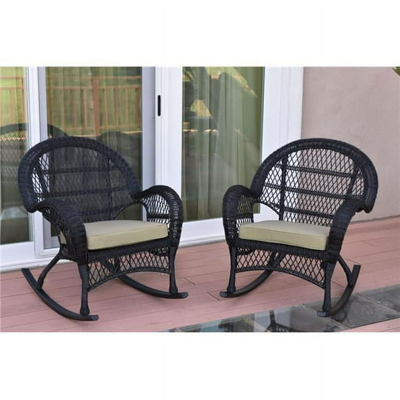 W00211-R-2-FS006 Santa Maria Black Wicker Rocker Chair with Tan Cushion - Set of 2