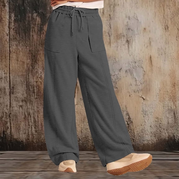 Women's Pants Casual Women's Casual Drawstring Solid Color Elastic Waist Sports Multi-Pocket Work Sweatpants Dark Gray L