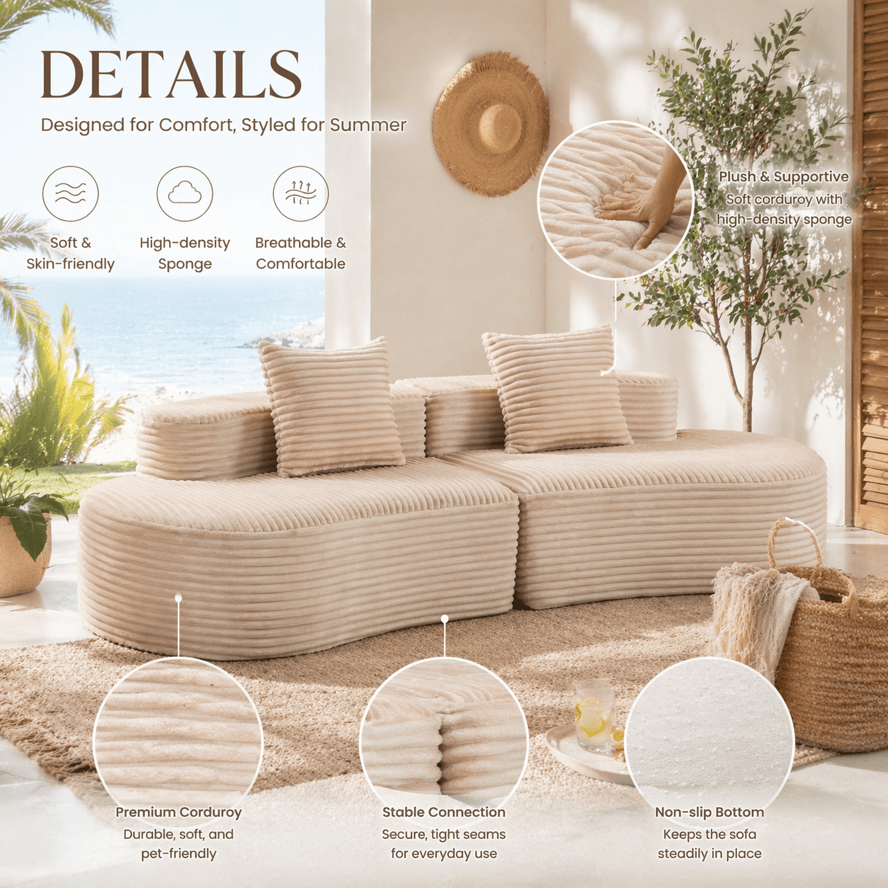110.24 Inch Fully Compressed Sofa, Corduroy 2-Seater Couch with 2 Lumbar Pillows, Cozy Deep Seat Upholstered Cloud Sofa for Living Room Bedroom No Assembly Needed, Beige