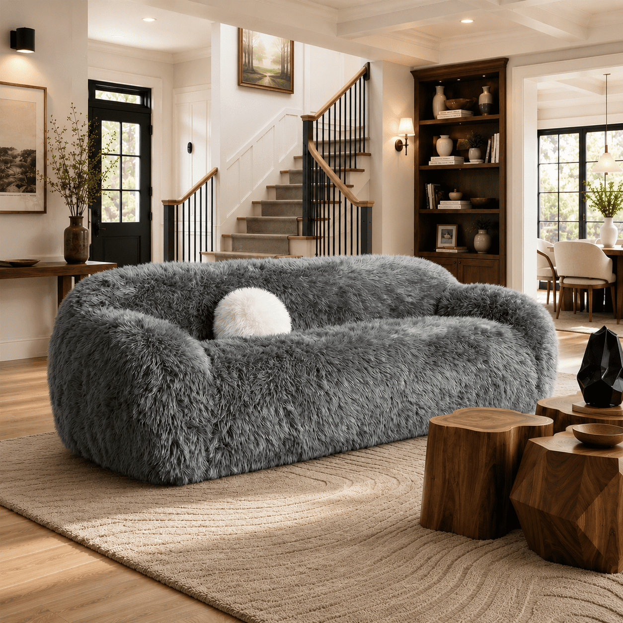 Aenkyo 84 Inch Plush Faux Fur Sofa, 25 Inch Deep Seat 3-Seater Couch with Ball Pillow, Green