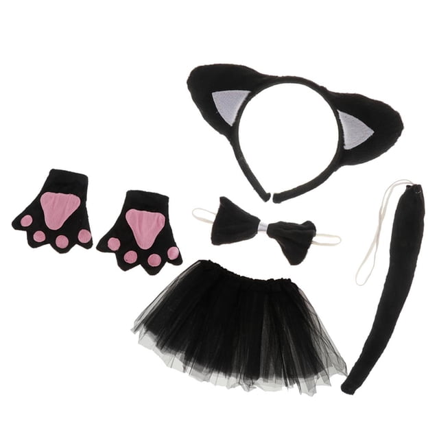 Disfraz de gato negro para niña Sunnimix Conjunto Diadema Falda Pajarita Guantes cola