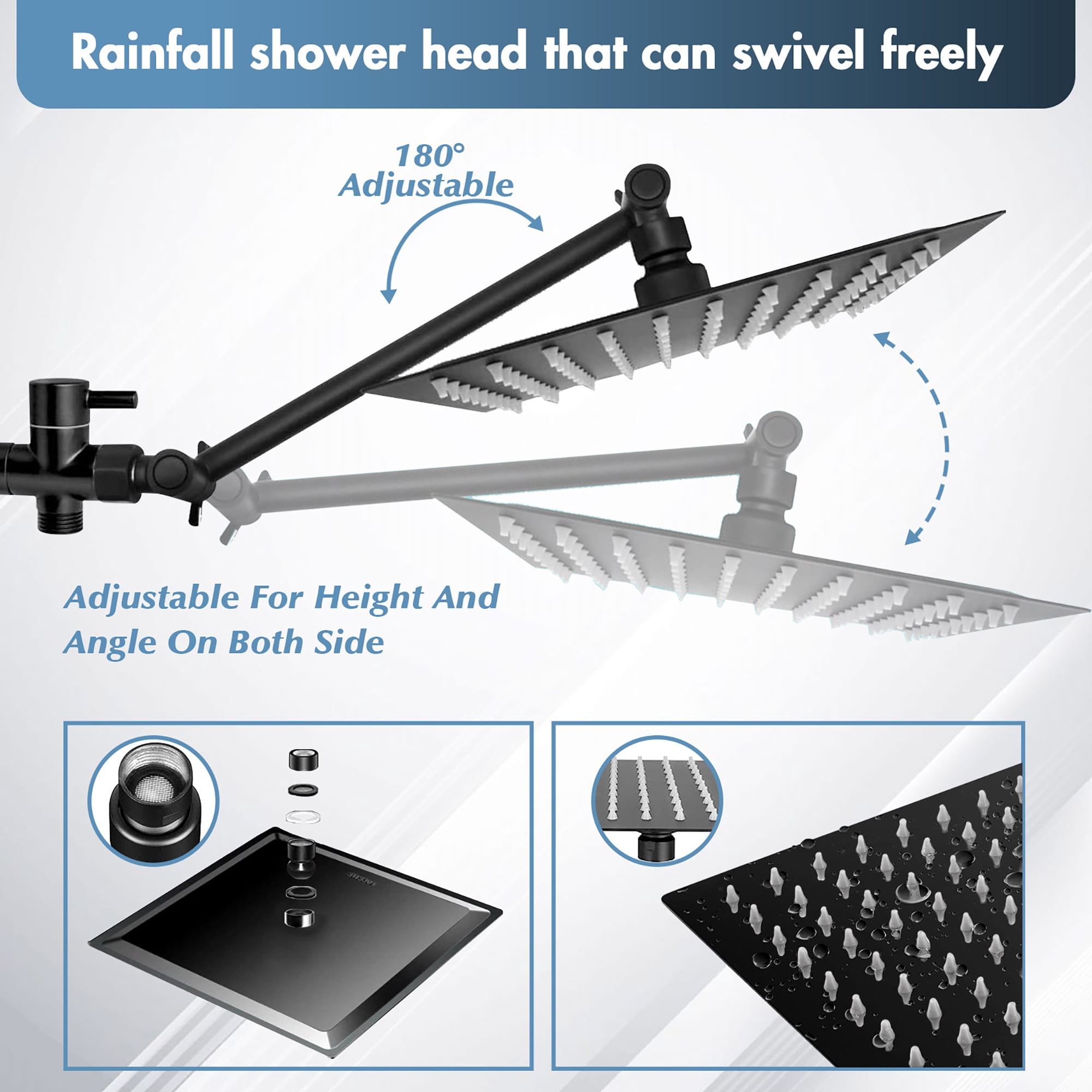 Scilulu Shower Head,8"Rain Shower Head with Handheld Spray Combo with 11'' Angle Adjustable Extension Arm/Flow Regulator/Shower System,High Pressure Rainfall Shower Head Clean Bathroom,Matt Black