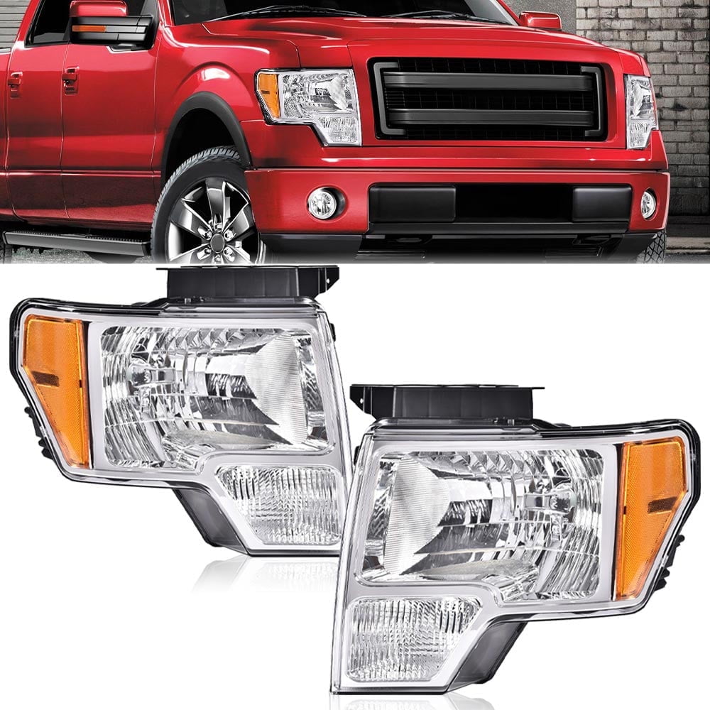 CROSSDESIGN Headlights Chrome Headlamps Pair Fit for Ford F150 2009-2014