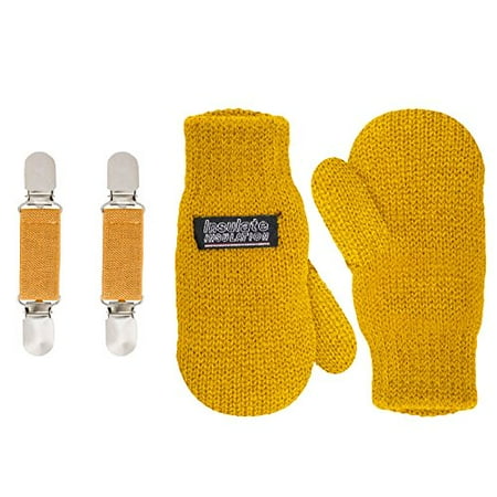 SANREMO Unisex Kids Toddler Knitted Fleece Lined Warm Winter Mittens and Mitten Clips Set (1-3 Years, Mustard)