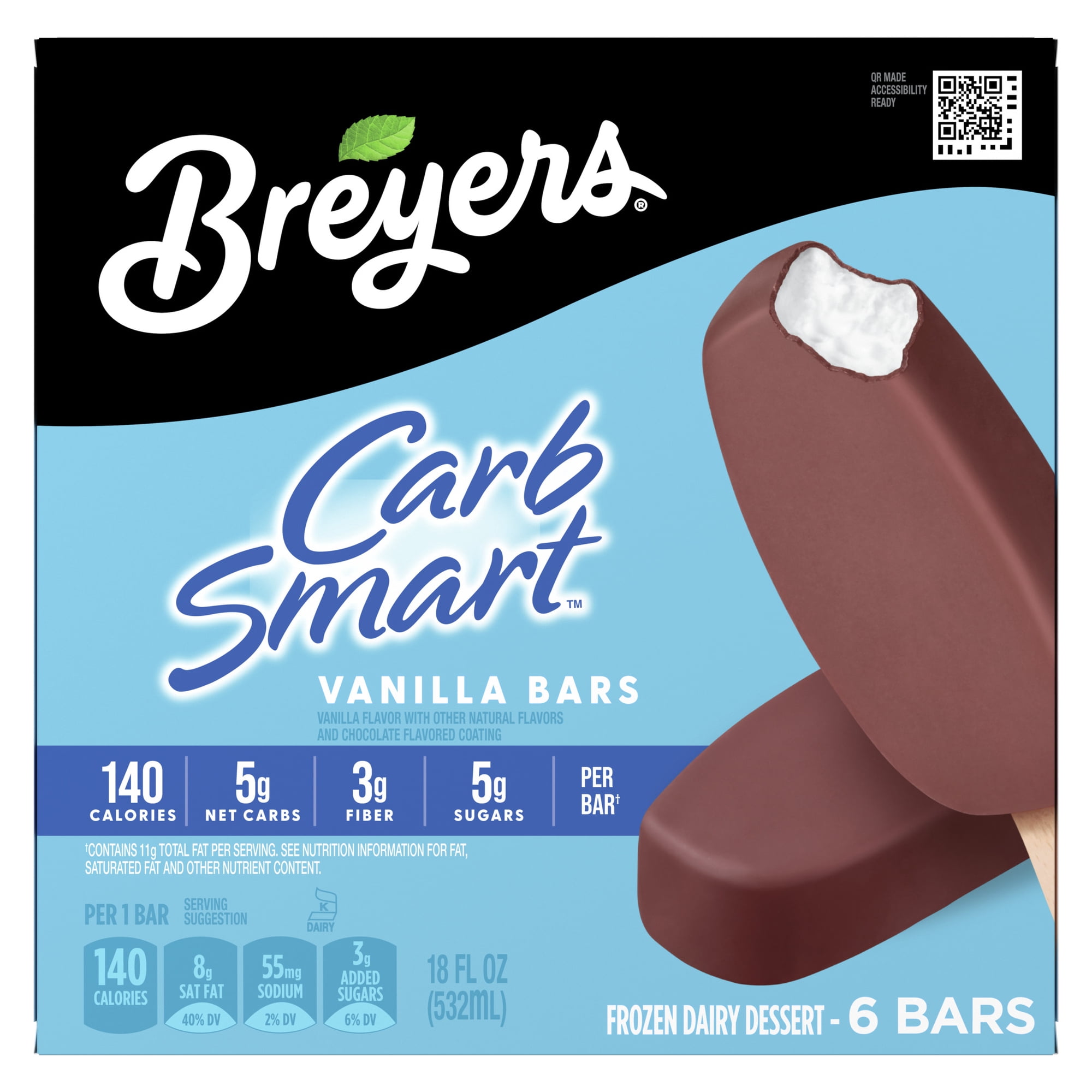 Breyers CarbSmart Creamy Vanilla Ice Cream Bars Frozen Desserts, 6 Count