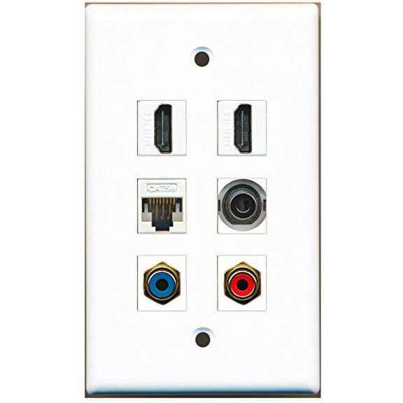 RiteAV - 2 HDMI 1 Port RCA Red 1 Port RCA Blue 1 Port 3.5mm 1 Port Cat5e Ethernet White Wall Plate