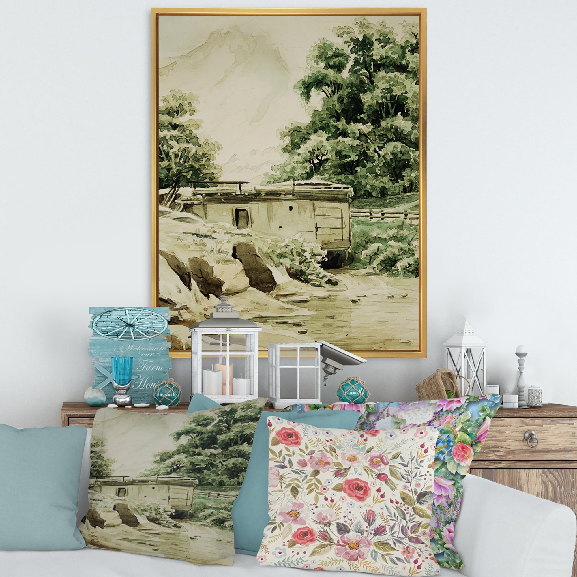Designart 'Cabin In The Green Mountains' Cabin & Lodge Framed Canvas Wall Art Print
