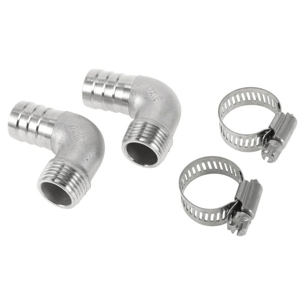 Conectores de manguera Barb de Unique Bargains con 2 abrazaderas, conector de codo de 90 grados para aire, agua, aceite, gas, combustible, acero inoxidable, 3/4" OD, 1/2" BSPT, 1 juego, tono plateado