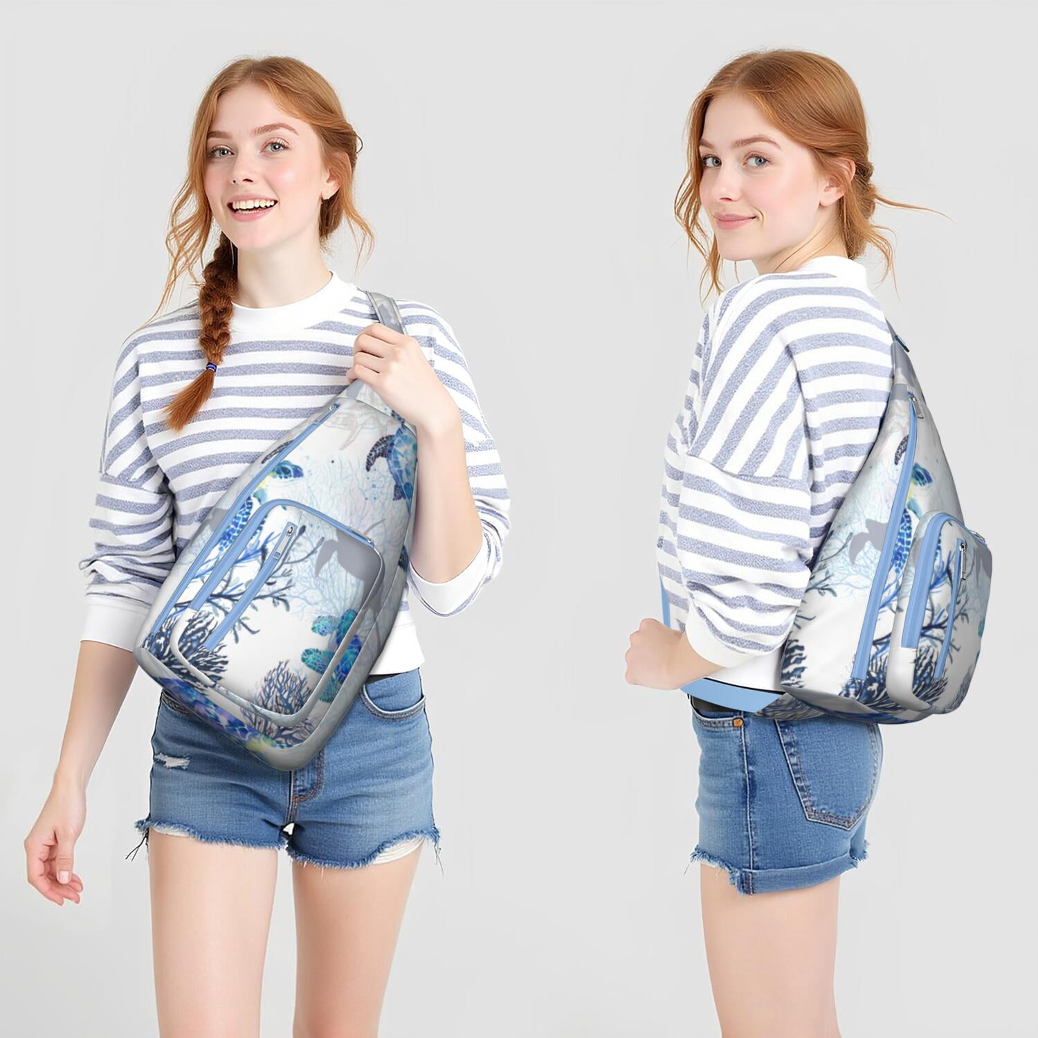 Hawaiian Sea Turtle Print Sling Bag&nbsp;- Tropical Ocean Animal Design Crossbody Backpack, Water-Resistant Marine Life Shoulder Pack (Cute Cartoon Turtle Pattern)