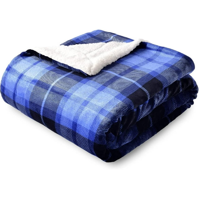 Sherpa Plaid Fleece Throw Blanket, Double-Sided Super Soft Luxurious Bedding Blanket 50 x 60 inches, Blue